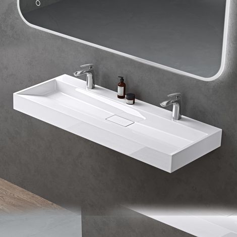 doporro Lavabo da Appoggio Bagno Sospeso Lavandino Rettangolare in Marmoresina con Piletta di Scarico Inclusa Colossum19, 120x46x11 cm Bianco Lucido 2 Fori per Rubinetto