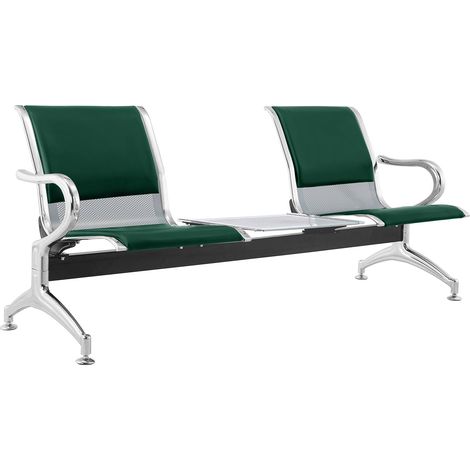 Panca per Sala Attesa 2 Posti da Ufficio con Cuscino e Tavolino in Acciaio e Similpelle Argento/Verde (1/5)