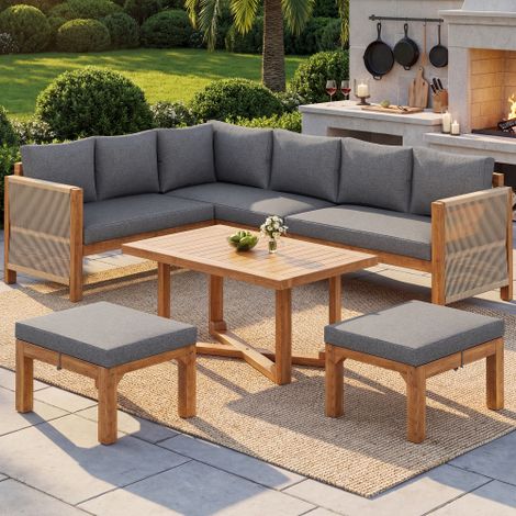 Salon de jardin modulable 6 places en bois d'acacia massif - Canapé d'angle avec cordage tressé, 2 poufs et table basse - Gris
