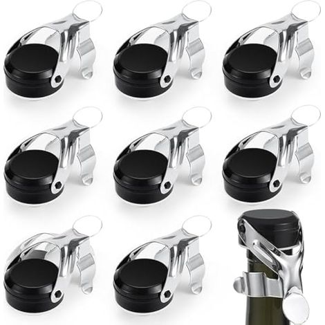 Lot de 8 bouchons pour vins mousseux, noir et argent, en acier inoxydable, ABS et silicone, préservant les bulles, pour Cava, Prosecco et Champagne, 6,5 x 4,8 cm (1/5)