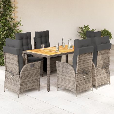 Ensemble de Jardin 7 Pièces - Table Acacia 150x90 cm et 6 Chaises Réglables en Polyrotin Gris avec Coussins 100% Polyester (1/5)