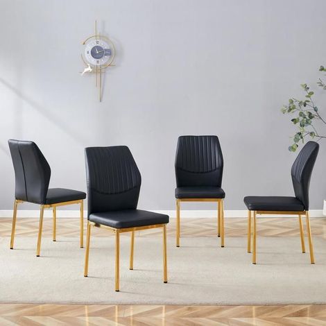 Set de 4 chaises - KOMHTOM - Design luxe - Cuir PU noir - Pieds dorés - Dossier à lignes verticales (1/5)