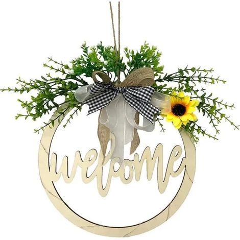 Couronne de bienvenue florale pour porte d'entrée, panneau en bois ajouré en forme de lettre, décoration ronde à suspendre 1 (1/2)