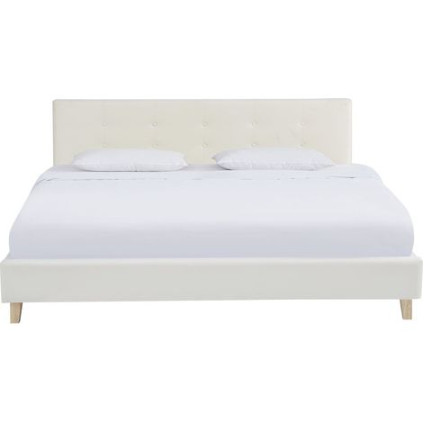 Lit adulte 140x190 cm avec tête de lit capitonnée en velours beige - Milo (1/5)