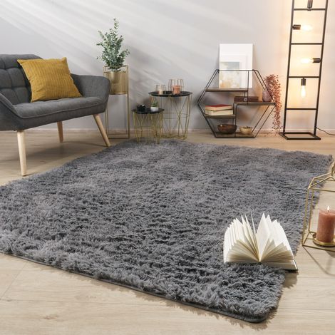 Teppich Wohnzimmer Hochflor Langflor Weich Soft Modernes Einfarbiges Design 140 cm x 200 cm x 37 mm Grau Rechteckig (1/5)