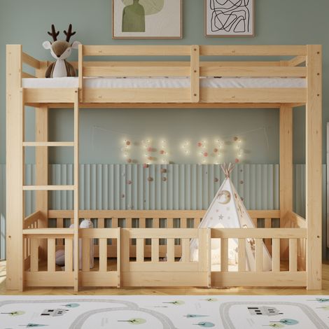 Lit superposé 90x200 cm avec escalier d'angle et barrières, en bois, naturel, sans matelas (1/5)