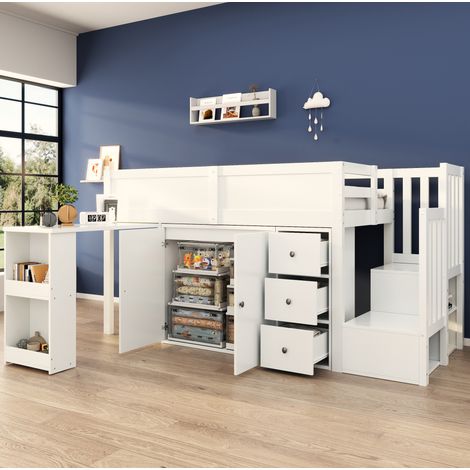 DESVIAE Lit mezzanine enfant avec bureau extensible rangements escalier avec placard étagère latérale tiroir et armoire MDF blanc 90 x 200 cm (1/5)