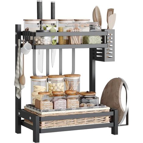 Étagère à épices à deux niveaux en acier inoxydable avec panier à baguettes, porte-couverts et crochet multifonction pour planche à découper, 34 x 21 x 41 cm, noir mat (1/5)