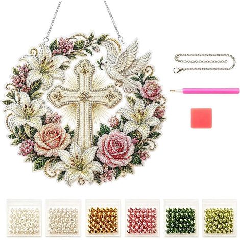 Kit décoration suspendue diamant croix colombes paix, peinture diamant acrylique scintillante 5D forme spéciale, kit DIY Werath (1/5)