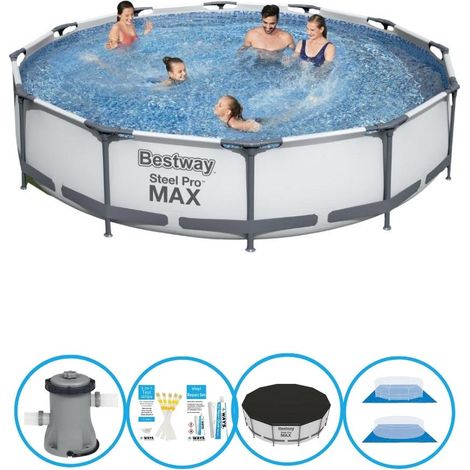 Piscine tubulaire Bestway Steel Pro MAX ronde 366 x 76 cm – 6 pièces – Pompe filtration 1249 L/h – Bâche et tapis de sol inclus