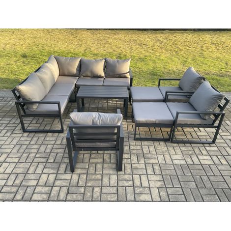 Fimous 10 Seater Aluminium Outdoor Garden Furniture Set Patio Lounge Sofa with Oblong Coffee Table Chair 2 Big Footstools Dark Grey (1/5)