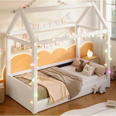 Cama infantil 90/200 cm beige de MDF y lino con forma de casa y luces LED (1/5)