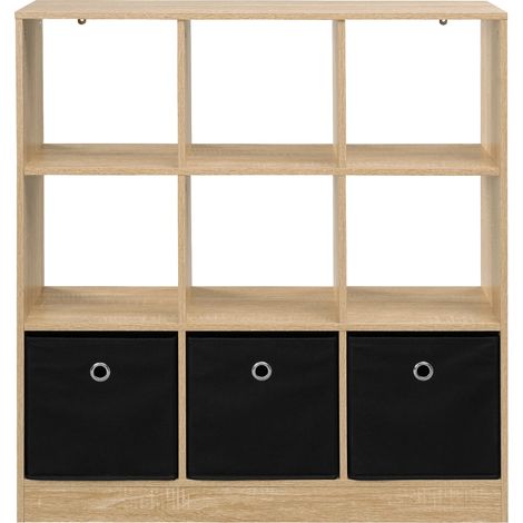 Étagère modulable avec 3 tiroirs en tissu, rangement multifonction en bois E1 coloris chêne clair et noir (1/5)