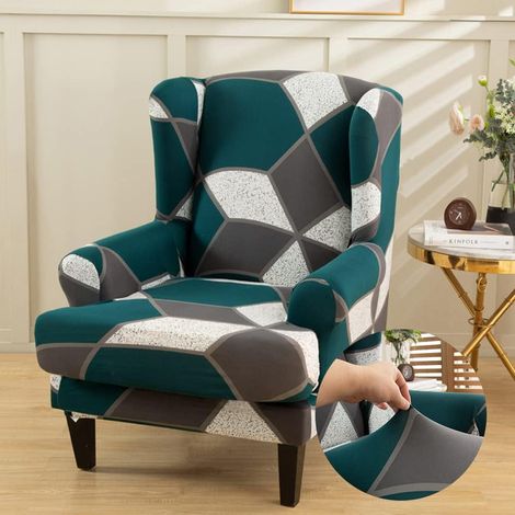 Housse de Fauteuil à Oreilles Extensible 2 pièces Couverture de Fauteuil Imprimé pour Strandmon Housse de Fauteuil Antidérapante Amovible pour Salon, Hôtel, Chambre (Carré Vert Gris) (1/5)