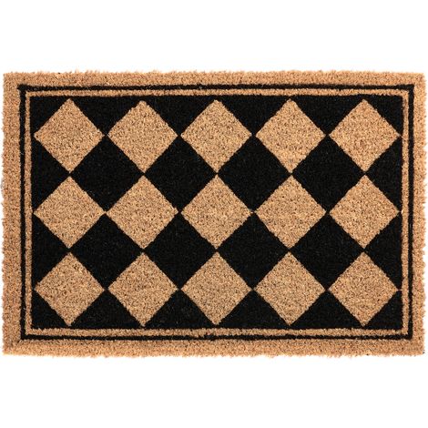 Felpudo de fibra de coco antideslizante 40 x 60 cm con base de PVC motivo a cuadros beige y negro Cardona (1/5)