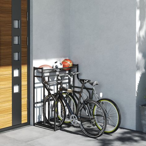 Support vélo stationnement 3 vélos, porte-vélos avec panier supérieur 4 crochets, 90 x 54 x 100 cm, noir (1/5)