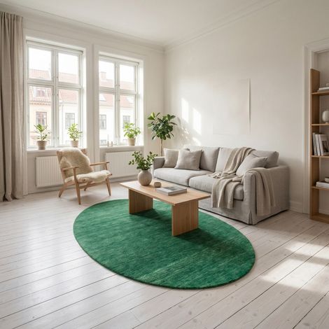 Tapis Gabbeh tissé Tapis Uni - Tapis en laine - 230x150cm, Oval - 100% Laine vierge - Tissé main - Vert foncé