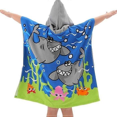 MOKANI Serviette de plage à capuche pour enfants de 6 à 14 ans (filles et garçons), poncho-peignoir de bain avec sac à cordon - Bleu-Gris Requin (1/5)