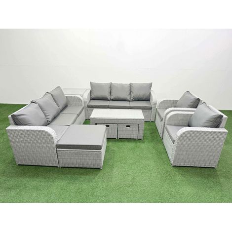 Fimous PE Rattan High Back Lounge Sofa Set Patio Oblong Coffee Table & Chairs Set with 3 Seater Sofa Reclining Chair 3 Stools Side Table Light Grey (1/4)