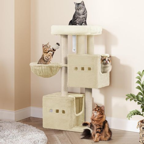 Arbre à chat 98 cm – 2 grottes spacieuses 30x30 cm – 3 piliers en sisal – Stable et sécurisé – Aire de jeux multifonctionnelle pour chats