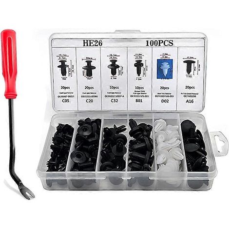 100 remaches de plástico para guardabarros y parachoques con clips de presión, con herramienta de extracción, para Honda, Ford, Chrysler y Toyota. (1/5)