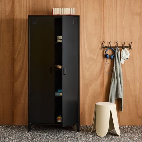 Armoire chambre dressing industriel métal noir 2 portes. 4 étagères. 1 penderie