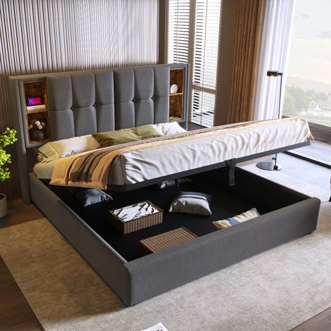 Cama doble 180x200 cm gris de algodón con almacenamiento, carga inalámbrica y puertos USB (1/5)