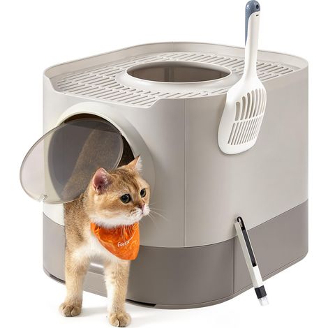 Bac à Litière, Litière pour Chat XXL, avec Couvercle, Plateau Amovible, Pelle, Brosse, Espace pour Grands Chats, Moins de Traces, Fond Anti-Fuite, Oatmeal et Gris Chaud PPT002G01 (1/5)