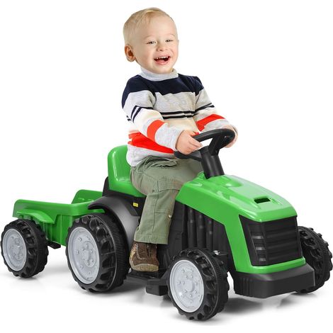 COSTWAY 6V Kinder Traktor mit abnehmbarem Anhaenger, Elektro Traktor 2,5-3 km/h, 2-Gang Kinder Aufsitztraktor mit Vorwaerts-/Rueckwaertsschalter, geeignet fuer Kinder ab 2 Jahren Gruen