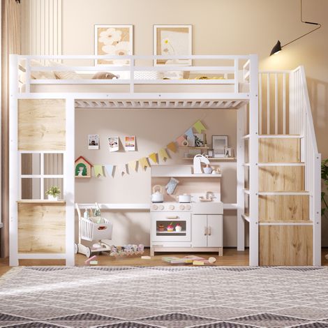 Lit mezzanine 140x200 cm – avec bureau rangements LED USB et penderie – Métal et MDF – Blanc (1/5)