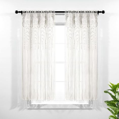 Bohemian macrame textured cotton window curtain panel, single panel, 101.6 cm wide x 160 cm long, white – Door curtain (1/5)
