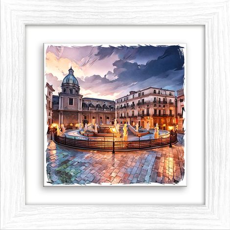Lupia - Quadro moderno con paesaggi e localismi italiani, Ceramica e Stampa Rilievo, Cornice Legno Shabby Modern bianca, Decorazione Parete, Quadretti Soggiorno, 29x29 cm, PALERMO FONTANA PRETORIA (1/4)