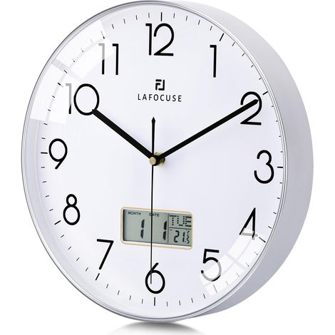 30 cm LCD Wall Clock Calendar with Date Thermometer, Modern Silent Wall Clock, Silver, No Ticking Decorative for Living Room, Bedroom, Office, Kitchen (1/5)