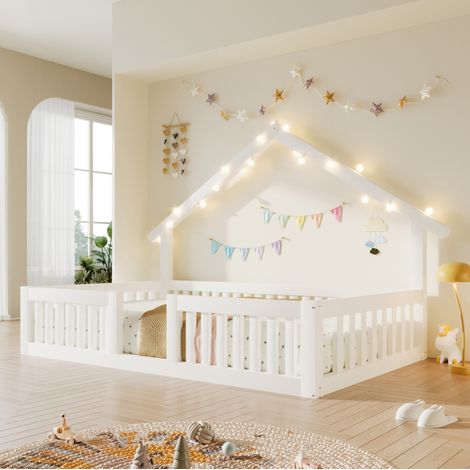 Lit enfant cabane 90x200 cm en bois avec LED, barrière de sécurité et structure stable - Blanc (1/5)