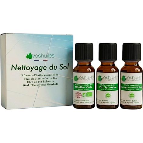 VOSHUILES - Kit d'huiles essentielles pour nettoyage- Pin Sylvestre- Menthe Verte- Eucalyptus Mentholé- 3x10ml- 100% Pure et Naturelle- HEBBD et ECOCERT- Applications Diverses (1/5)