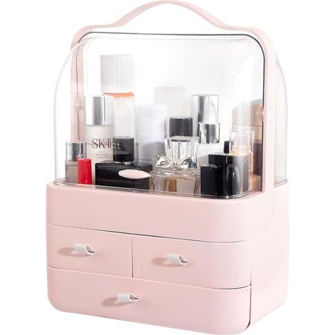 Boîte de rangement pour cosmétiques rose – boîte avec couvercle, protection anti-poussière et poignée portable, tiroir de rangement pour cosmétiques, adaptée pour salle de bain et coiffeuse, également (1/5)