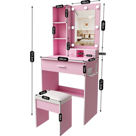 Coiffeuse compacte avec miroir lumineux LED, rangements (2 tiroirs + étagère), prise intégrée, porte-sèche-cheveux, tabouret capitonné inclus - meuble maquillage rose, 60 x 131,5 x 38 cm (1/5)
