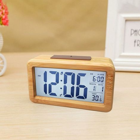 Radio-Réveil Numérique Radio-Réveil Horloge De Table Réveil Étanche En Bois Massif Avec Thermomètre, Calendrier Et Fonction Snooze - Bambou (1/5)
