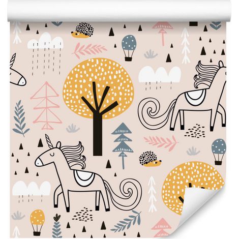 Papel pintado de unicornios en el bosque para salón y dormitorio, 50x1000 cm. (1/5)