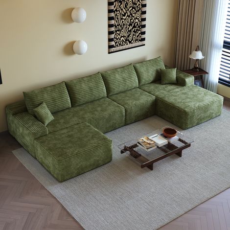 Canapé d'angle en U 340cm,canapé modulaire en velours côtelé,avec chaiselongue,1 repose-pieds,canapé 5 place compression,assise profonde,vert