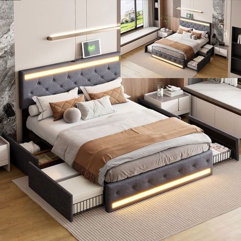 Letto 140x190 cm grigio - LED integrata, 4 cassetti, rete a doghe, porte USB/Type-C, testata del letto