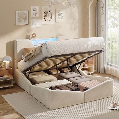 lit 140 x 190cm, Lit coffre 140x190, Sommier à Lattes, LED réglable, cadre de lit, rangement de tête de lit, velours, Beige
