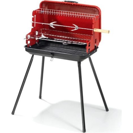 Ompagrill barbecue a valigetta a carbonella, con coperchio, griglia in acciaio cromato 2 posizioni, 46x28 cm