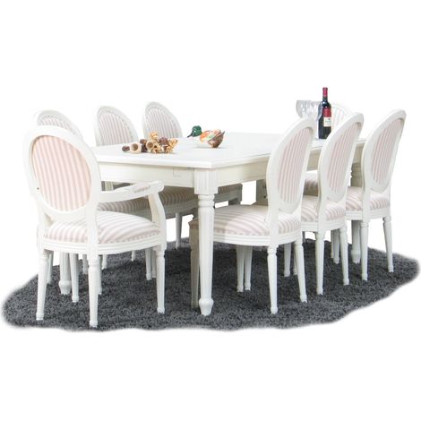 Amaretta Ensemble de salle à manger 100x180/280, 2 extensions inclues, vieux blanc avec 2+6 chaises rococo vieux blanc/beige. (1/5)
