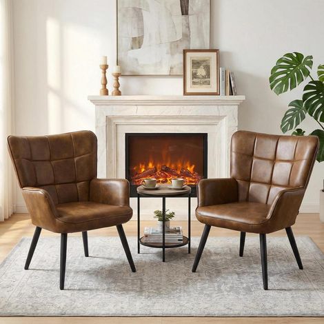 2er Set Ohrensessel Braun, Skandinavischer Stil, PU-Kunstleder, Wohnzimmer & Esszimmer (1/5)
