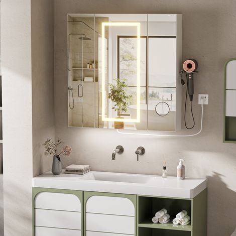 Armoire miroir antibuée 3 portes 5 niveaux loupe x10 LED charge USB AC prise UE blanc (1/5)