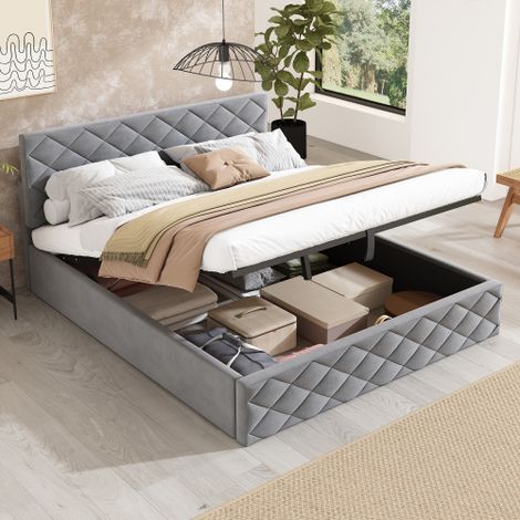 Lit coffre - lit 140x200 cm avec sommier à lattes et espace de rangement - tissu en velours gris - sans matelas (1/5)