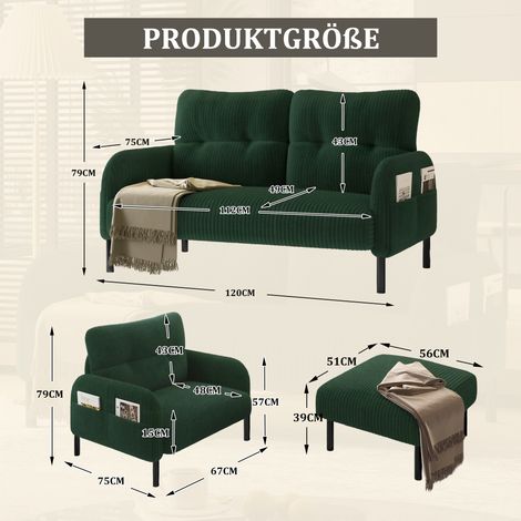 Ensemble Cord 3 pièces : fauteuil + repose-pieds + canapé 2 places avec poche latérale, structure tubulaire en acier et dossier extra-moelleux, assise profonde pour un confort optimal, combinaison mod (1/4)