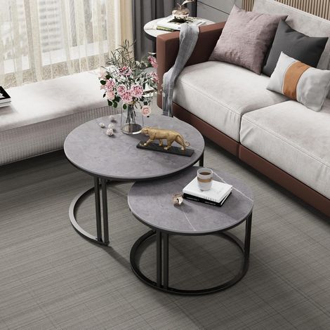 Tavolino da caffe per soggiorno Rotondo Marmo Set di 2 Tavolini Sovrapponibili Grigio Diametro 70cm 57cm