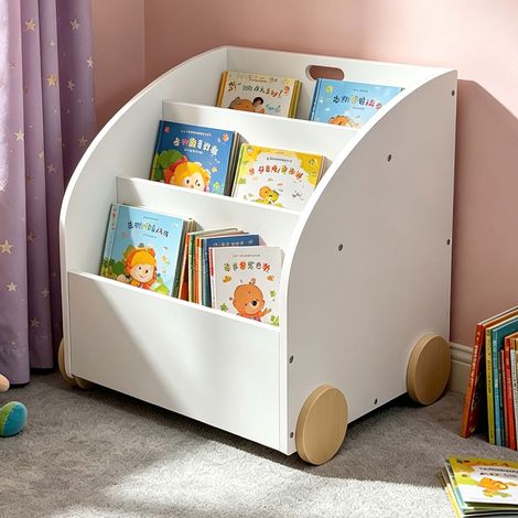Relaxdays Kids' Bookshelf, 3 compartments, HWD: 43.5 x 46 x 40 cm, castors, rounded corners, toy shelf, MDF, white (1/5)